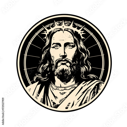 Iconic depiction of Jesus Christ wearing a crown of thorns, embodying faith, spirituality, and religious devotion in a striking graphic style.