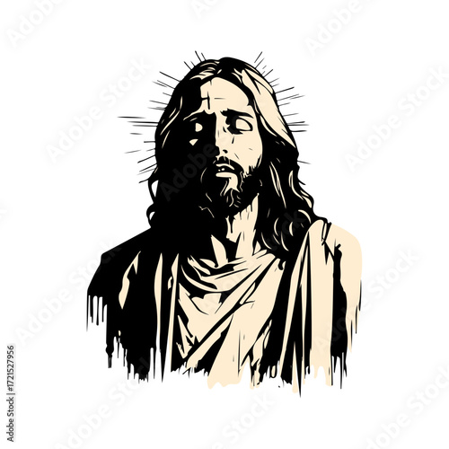 Experience divine serenity with this powerful, stylized portrait of Jesus Christ, radiating spiritual peace and profound contemplation.