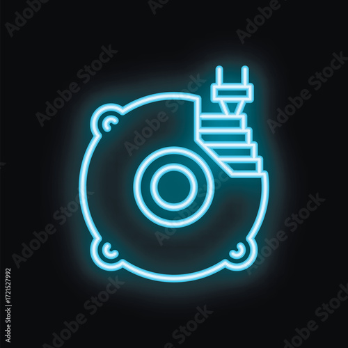 Blue glowing neon icon of a hard disk drive storing data, isolated on a black background