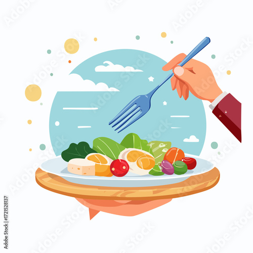 Hand Holding Fork Over a Colorful Salad on a Plate