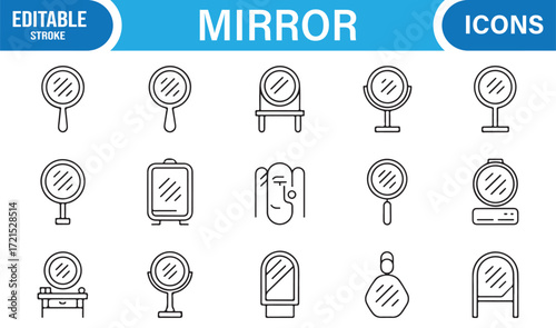 Hand mirror and compact icons set for personal care and cosmetics.