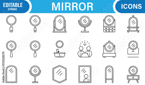 Editable stroke mirror symbol collection for household and grooming.