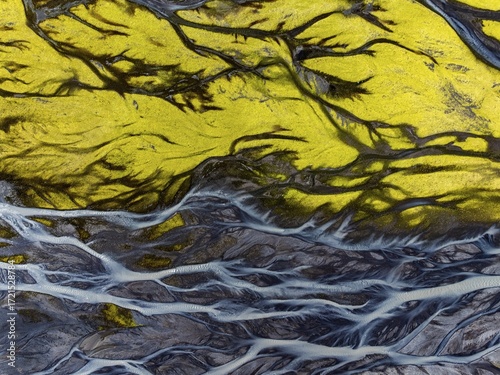 River, river course, river delta, branched, sunny, aerial view, summer, south-east Iceland, Iceland