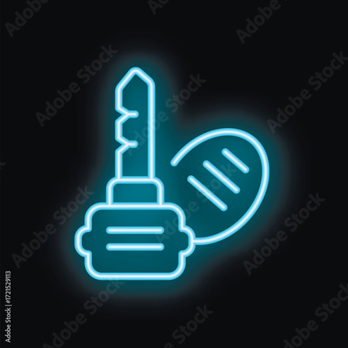 Blue neon icon of a car key and key fob glowing on a black background