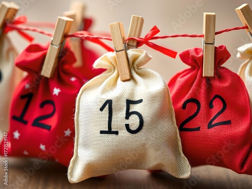 close up of numbered red and off white fabric drawstring pouches hanging on red string with wooden clothespins part of festive advent calendar ideal for holiday marketing