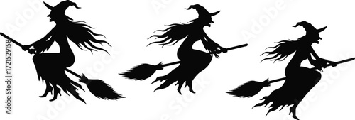 Silhouettes of three flying witches on broomsticks, classic Halloween spooky theme, witchcraft magic, dark mysterious night illustration