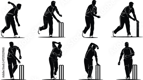 Cricket players in various bowling and fielding action poses, black and white vector silhouettes with wickets and bats, isolated on a white background.