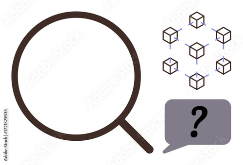 Magnifying glass examining networked cubes with speech bubble and question mark. Ideal for blockchain, data analysis, research, problem-solving, decentralization, technology, simplified