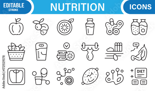 Clean vector nutrition icons for diet planning, lifestyle, and health.
