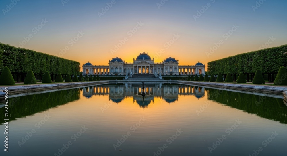 Fototapeta premium Grand Historic Palace with Reflective Pool and Sunset Sky in Elegant Garden Setting