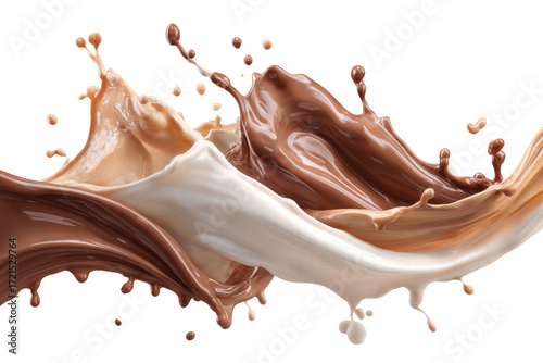 A chocolate and vanilla milkshake with a white background. The milkshake is in the shape of a wave, with the chocolate and vanilla swirls blending together. Concept of motion and fluidity, png