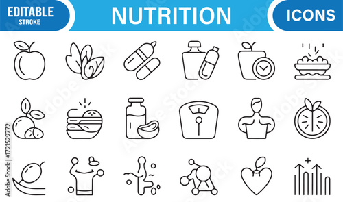 Minimal outline nutrition icons for food, supplements, and vitality.