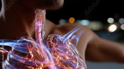 A striking representation of human anatomy showcasing glowing lungs and trachea, symbolizing vitality and the interconnectedness of life and breath in an artistic manner.
