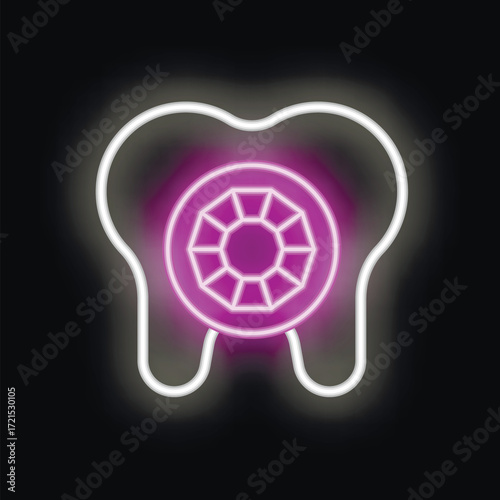 Neon icon of a healthy tooth with a shining brilliant is glowing on a black background