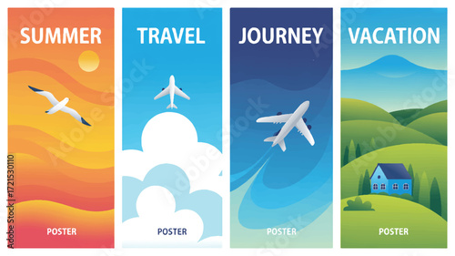 Vector art of four vertical posters advertising summer travel and vacation with airplanes and landscapes