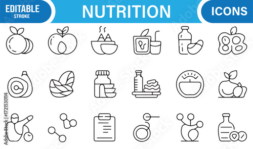 Line art nutrition icon collection for wellness and dietary balance.