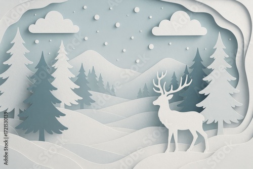 Paper cut winter landscape with a majestic deer, snowy mountains, and pine trees under falling snow.