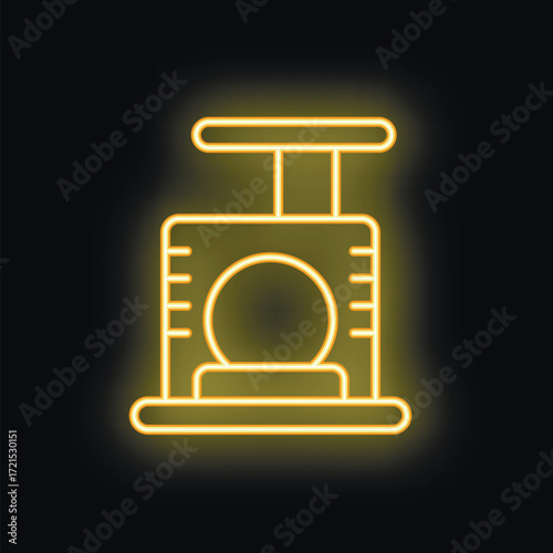 Yellow glowing neon sign representing a cat tree with scratching post, on a black background