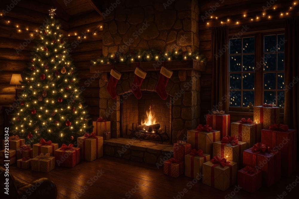 custom made wallpaper toronto digitalCozy Christmas Eve Scene with Fireplace and Presents.