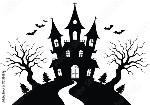 Spooky haunted house silhouette, Halloween night illustration with bats, creepy trees, scary castle, eerie pathway, dark forest, gothic mansion background