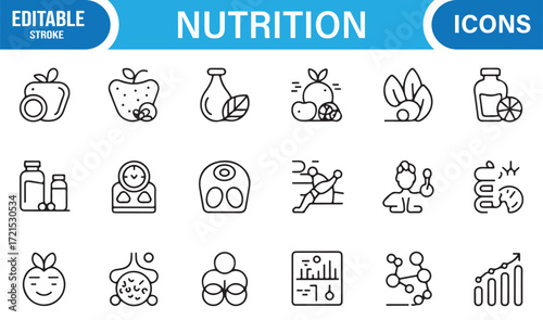 Editable stroke icons of supplements, balance, and healthy meals.