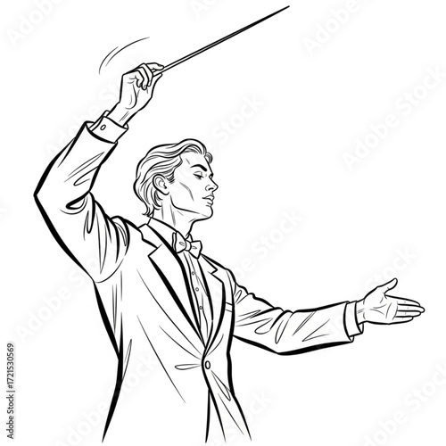 Orchestra Conductor in Line Art Style - Elegant Male with Baton in Formal Attire