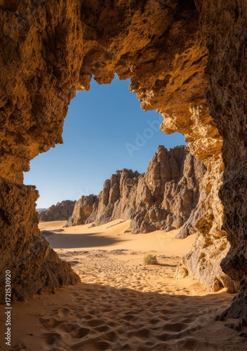 A breathtaking desert landscape glimpsed through a rock archway, showcasing golden sand dunes and dramatic rock formations under a vibrant blue sky.