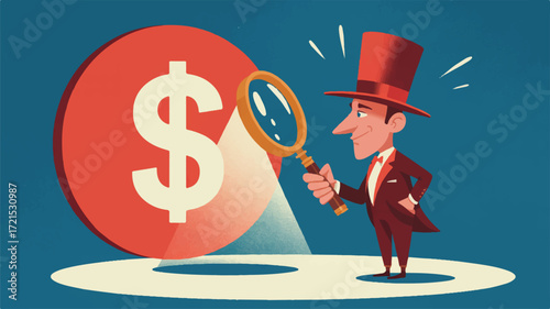 Vector art of man in top hat examines dollar sign with magnifying glass