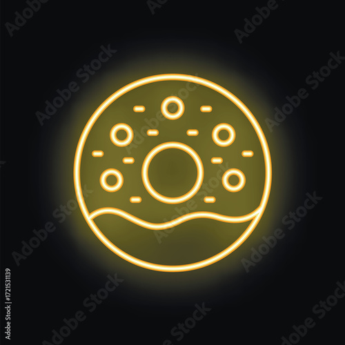 Minimalist vector illustration of a glazed donut with sprinkles, glowing yellow neon light