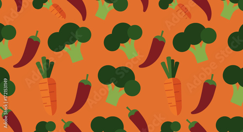 Seamless vector pattern of broccoli, carrots, and chili peppers on an orange background