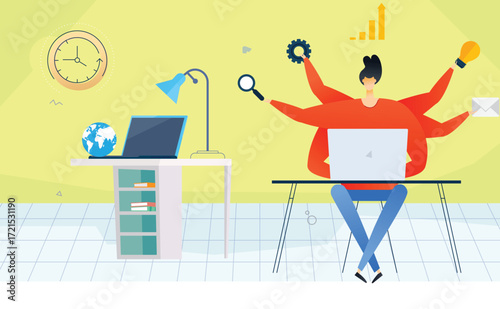 Multitasking Business Person Working on Laptop Productivity Concept