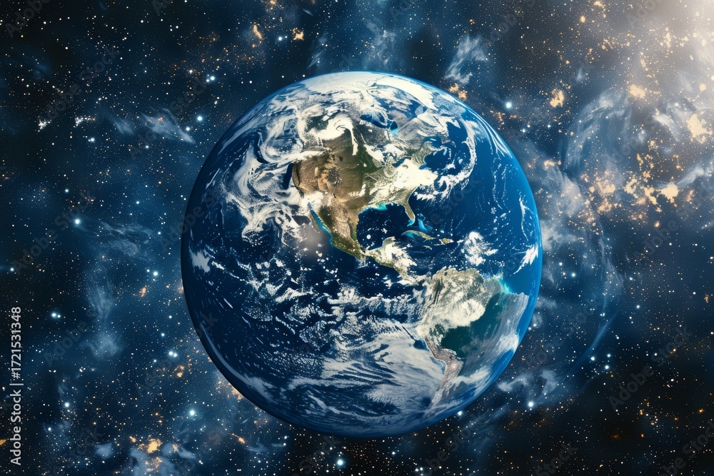 Obraz premium Stunning realistic earth planet surrounded by a vibrant blue atmosphere and cosmic space backdrop