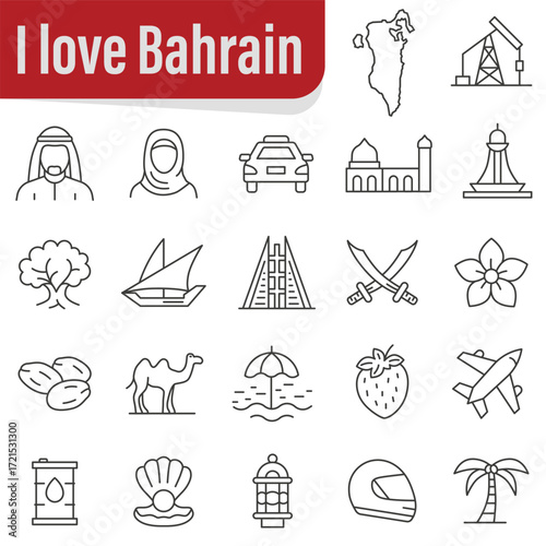 Set of icons of Bahraini culture, architecture, and national symbols.  Symbolism of Bahrain.