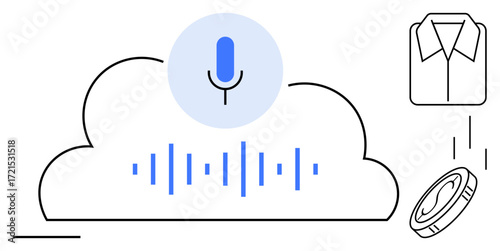 Microphone icon on cloud, sound wave lines, shirt and coin illustrate dynamic AI integration. Ideal for voice technology, smart automation, cloud flexibility, finance, productivity, remote working