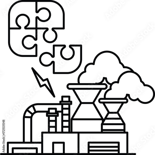 A black and white drawing of a factory with a puzzle piece on top