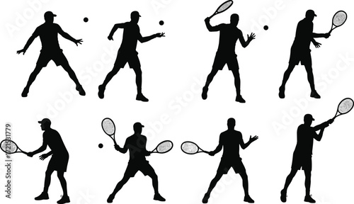 Tennis player silhouette collection, dynamic action poses, sports movement illustration, racket swing technique, athletic motion study, black figure on white background