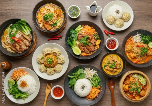 Assorted Asian Cuisine Dishes on Rustic Table – Colorful Top View Food Photography