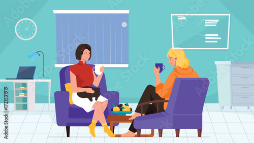 Two Women Having Coffee Break and Conversation in Cozy Office