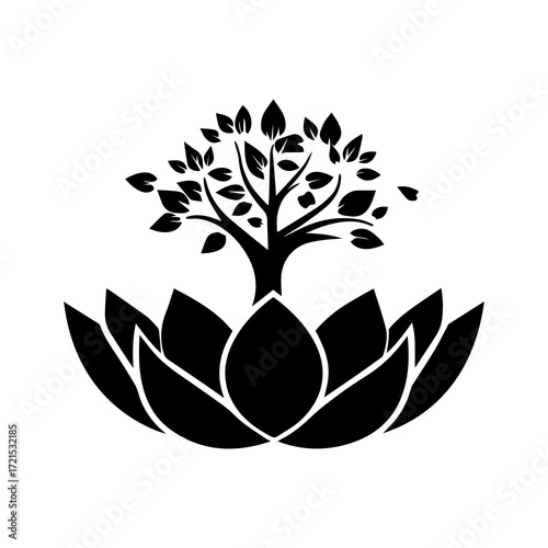 Elegant black tree sprouting from stylized lotus petals symbolizing growth, nature, and spiritual awakening for wellness brands