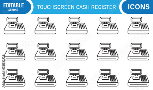 Touchscreen POS register symbol set in editable line art design.