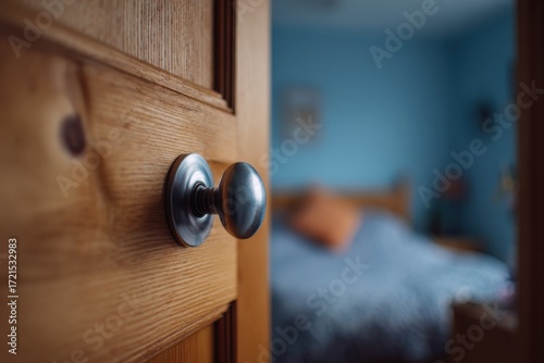 Wooden door opening to a bedroom