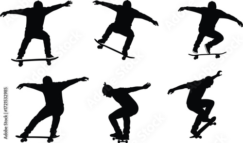 Skateboarding silhouette in dynamic trick poses, hoodie style, urban sport action, balance and movement, isolated black figure on white background