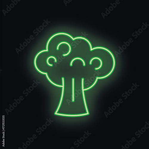 Green neon broccoli icon glowing on a black background, perfect for healthy food concepts