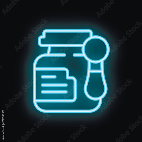 Glowing neon icon of a baby food jar with a measuring spoon, perfect for projects related to baby nutrition and feeding