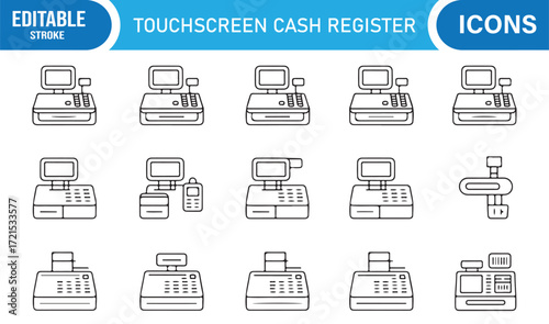Editable monochrome POS cash register illustrations for commerce.