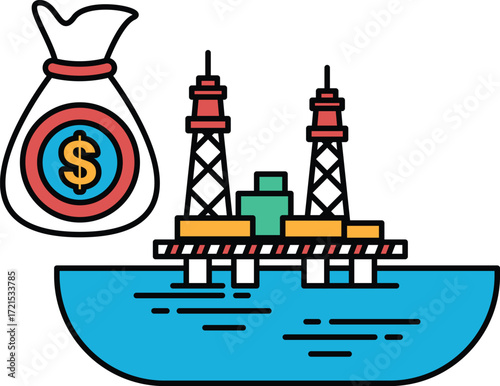 A black and white drawing of a large bag of money and a large oil rig