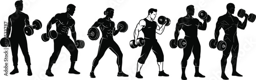 Collection of muscular male silhouettes lifting dumbbells in various poses, showcasing different strength training exercises and body types, perfect for fitness and gym themes.