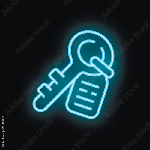 Blue neon sign depicting a hotel key with blank label glowing on a black background