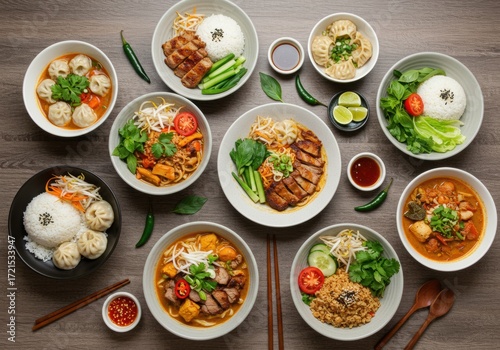 Assorted Asian Cuisine Dishes on Rustic Table – Colorful Top View Food Photography
