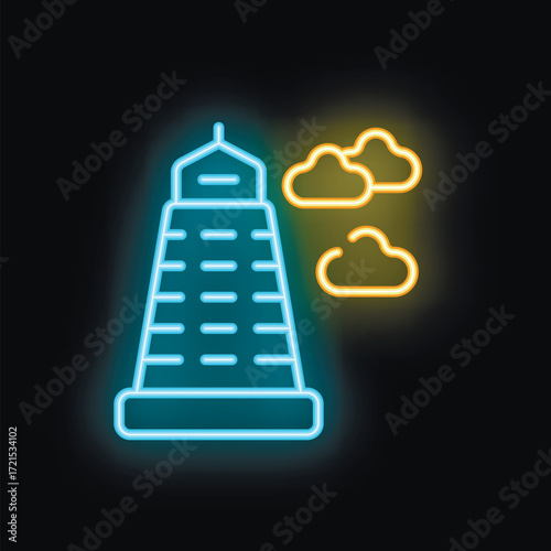 Neon sign of a lighthouse shining its beam, guiding ships safely through stormy seas and cloudy night skies